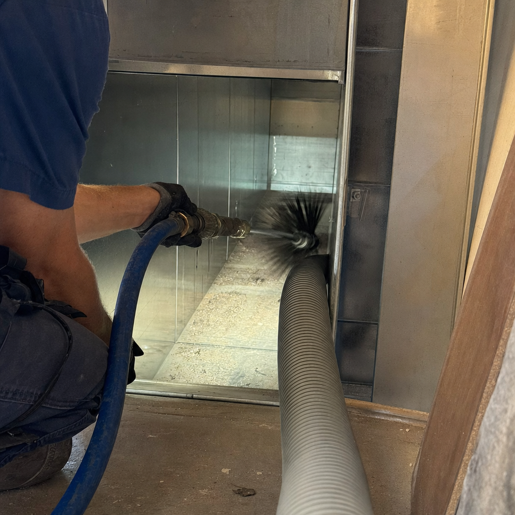 Technician performing professional air duct cleaning with rotating brush tool in Reading, PA