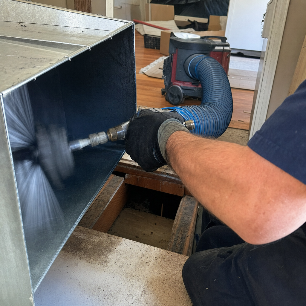Professional technician performing air duct cleaning with a rotating brush tool