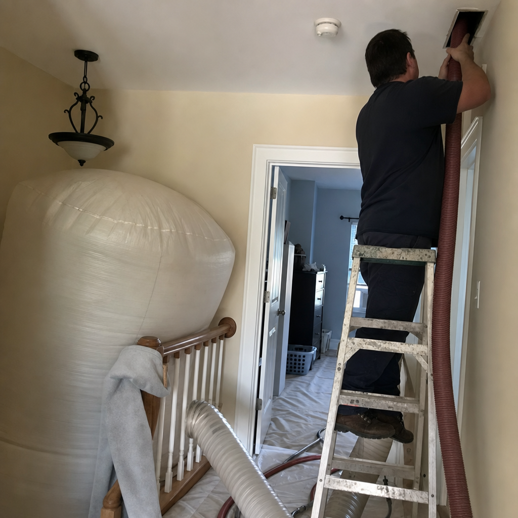 Technician using a vacuum hose to perform professional air duct cleaning