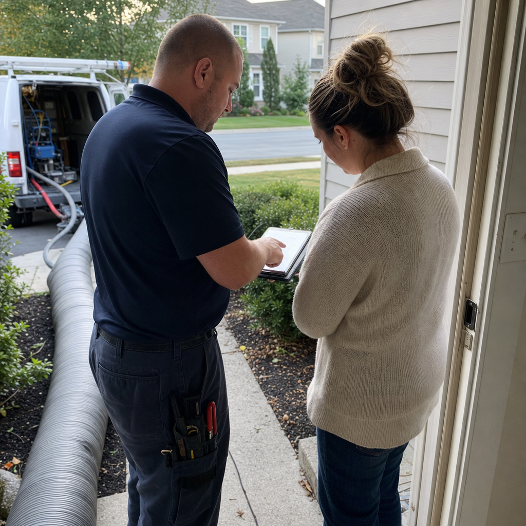 Air duct cleaning technician showing a service quote on tablet in Allentown, PA