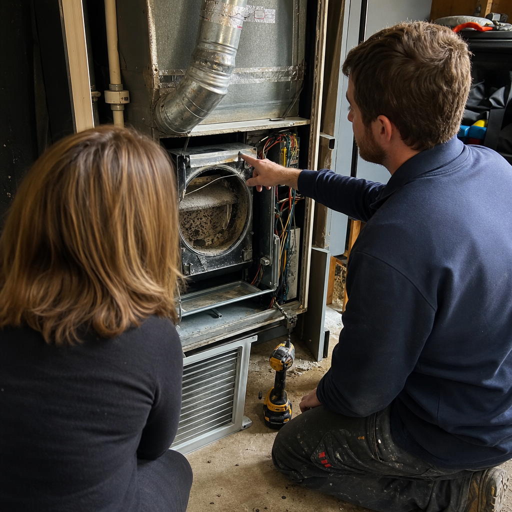 HVAC technician showing a homeowner the interior of an air furnace in Allentown, PA