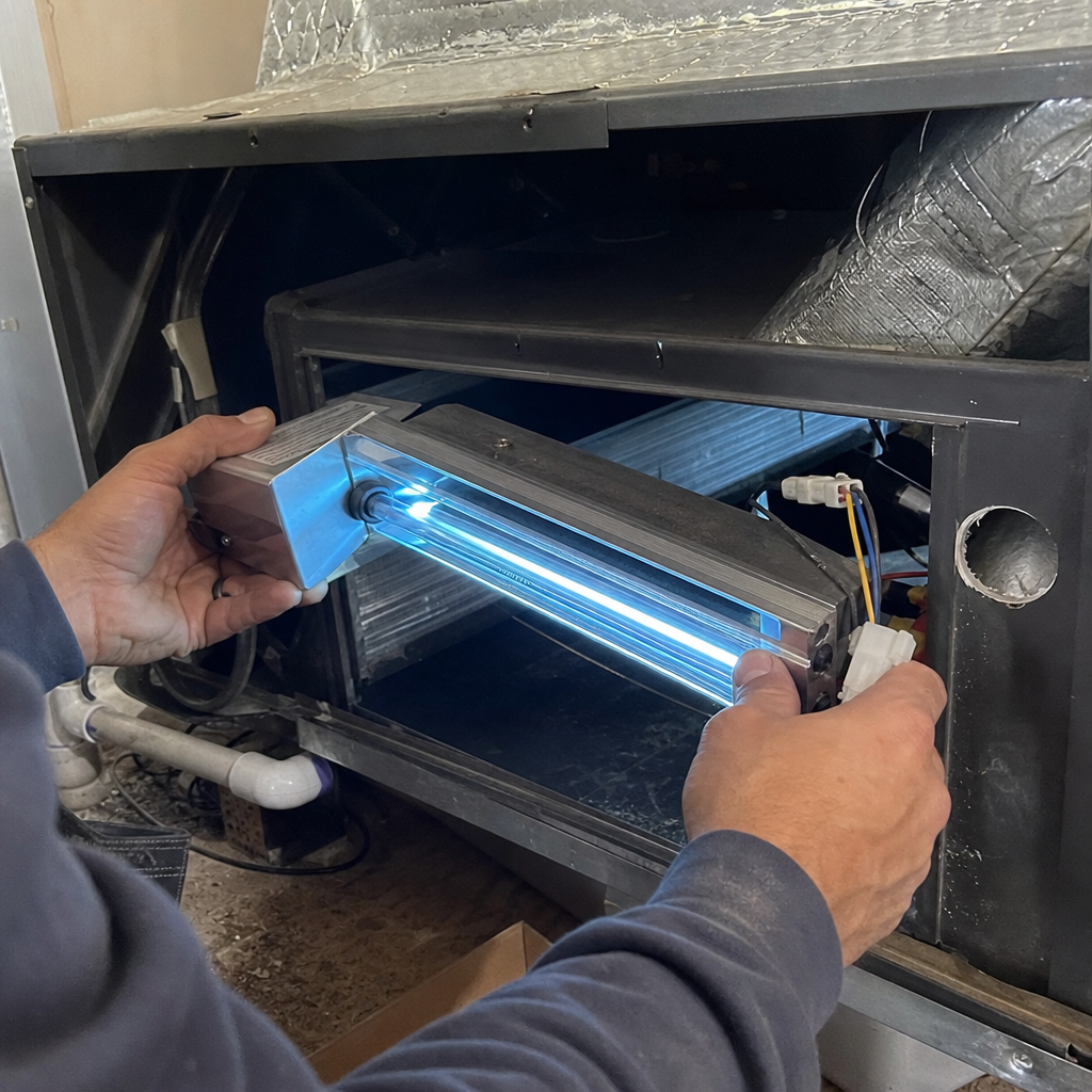 Technician installing HVAC UV germicidal air sanitizing light system in Bethlehem, PA