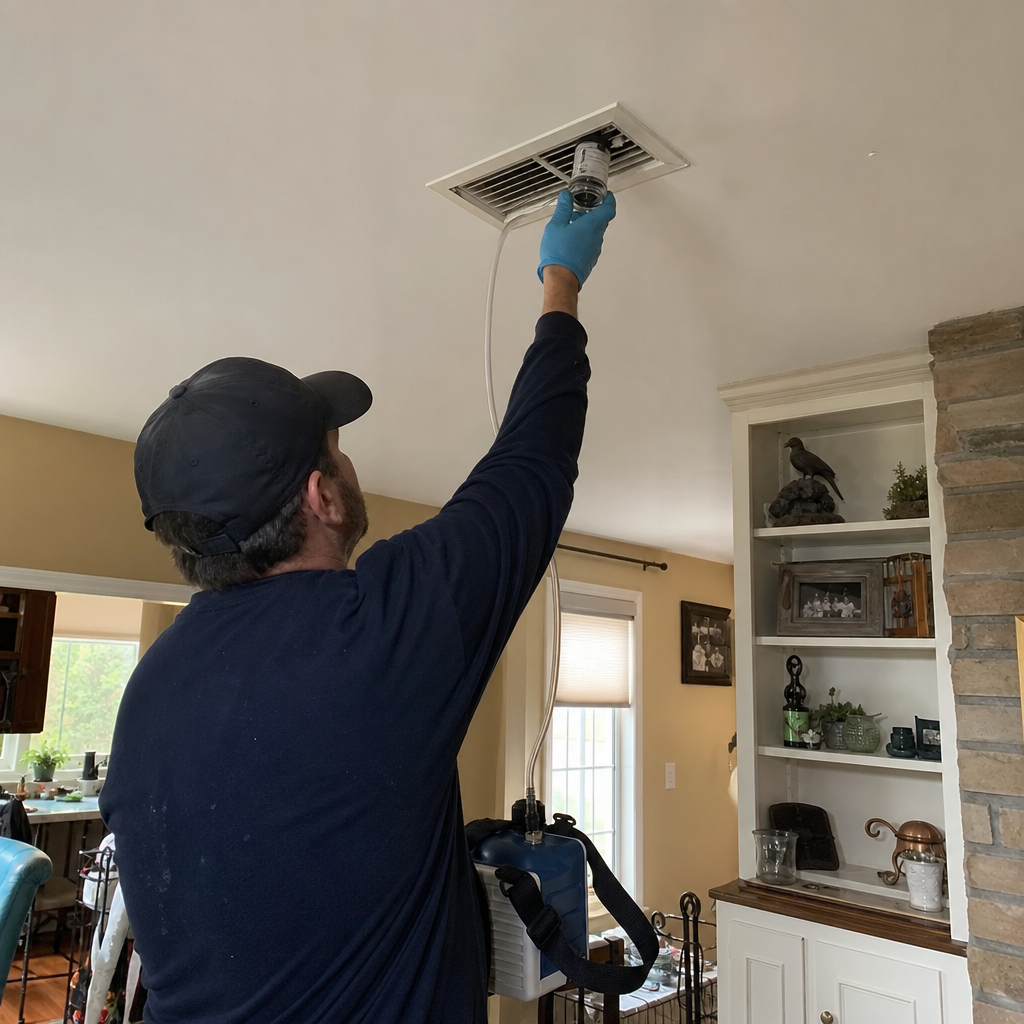 Technician performing professional air duct sanitizing and air quality treatment in Bethlehem, PA