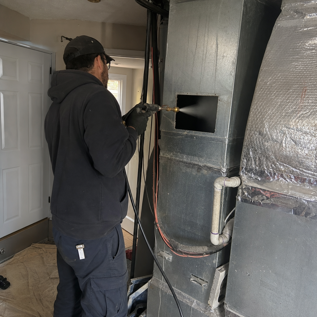 HVAC technician performing professional air duct sanitizing and indoor air quality service in Hackettstown, PA
