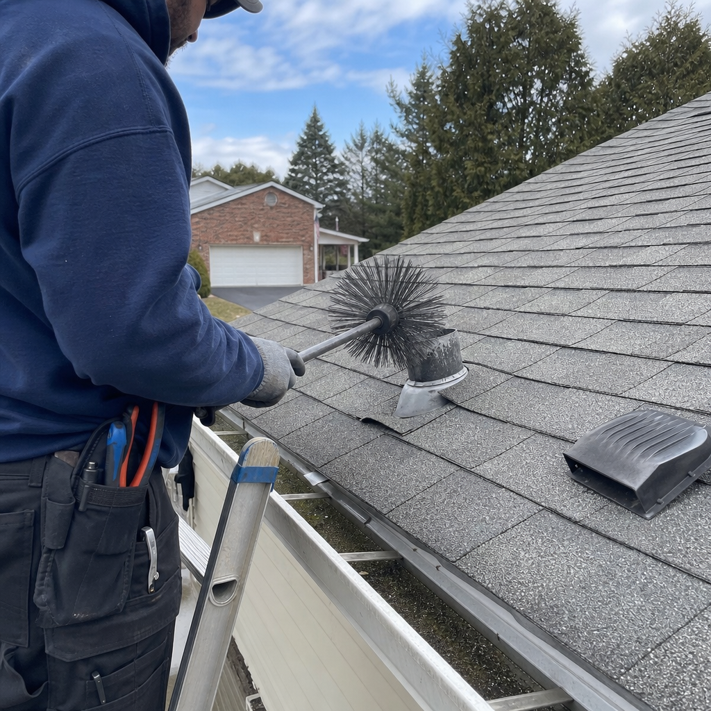 Technician performing professional dryer vent cleaning on a residential roof in Bedminster, PA
