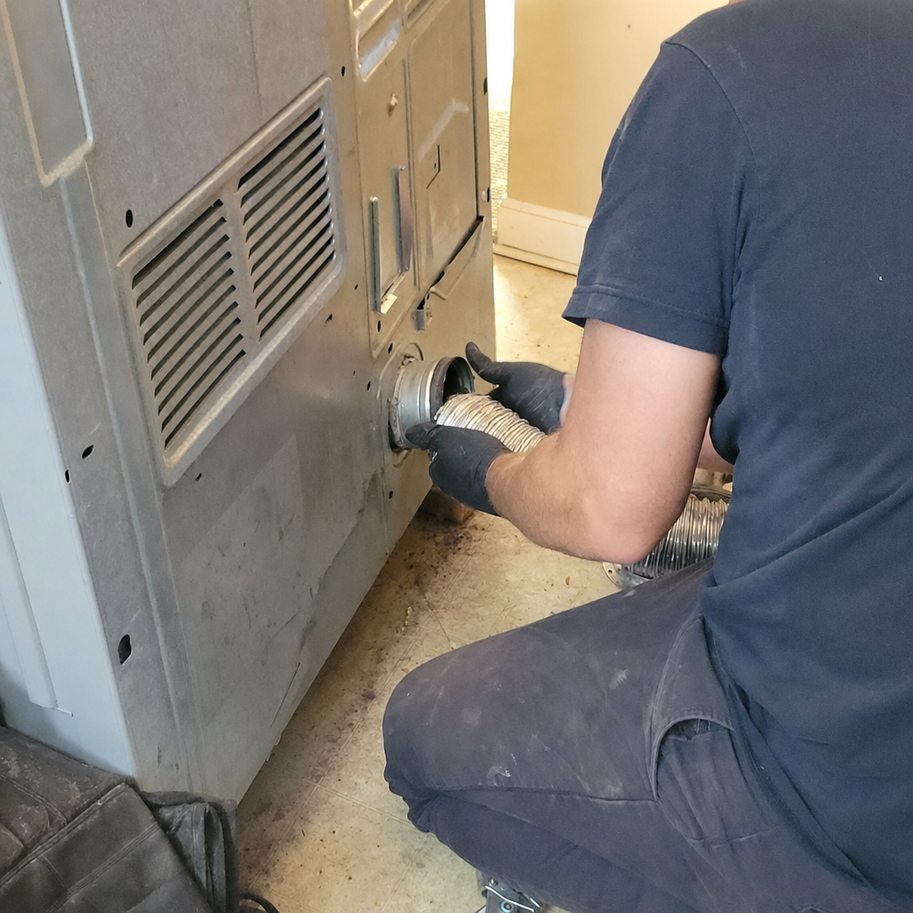 Technician performing professional dryer vent cleaning and maintenance service in Reading, PA