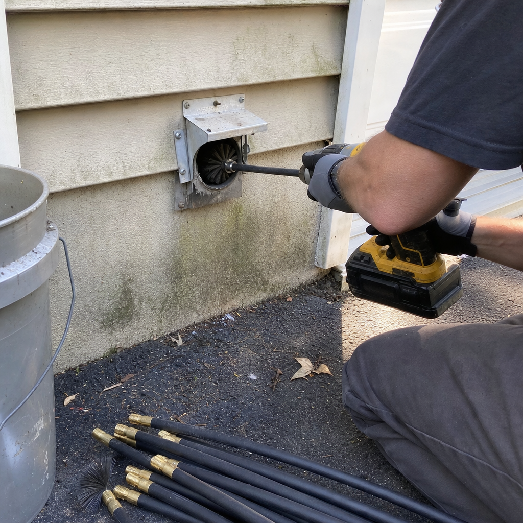 Professional technician performing dryer vent cleaning with a power drill brush in Pottstown, PA