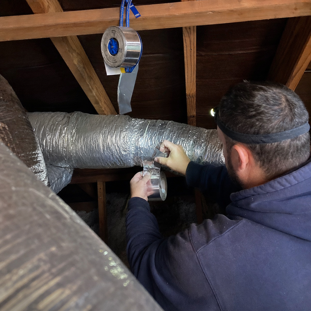 Technician sealing flexible HVAC ductwork with foil tape in an attic in Limerick, PA