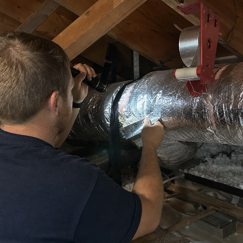 Technician performing professional air duct repair and sealing in an attic in Nazareth, PA