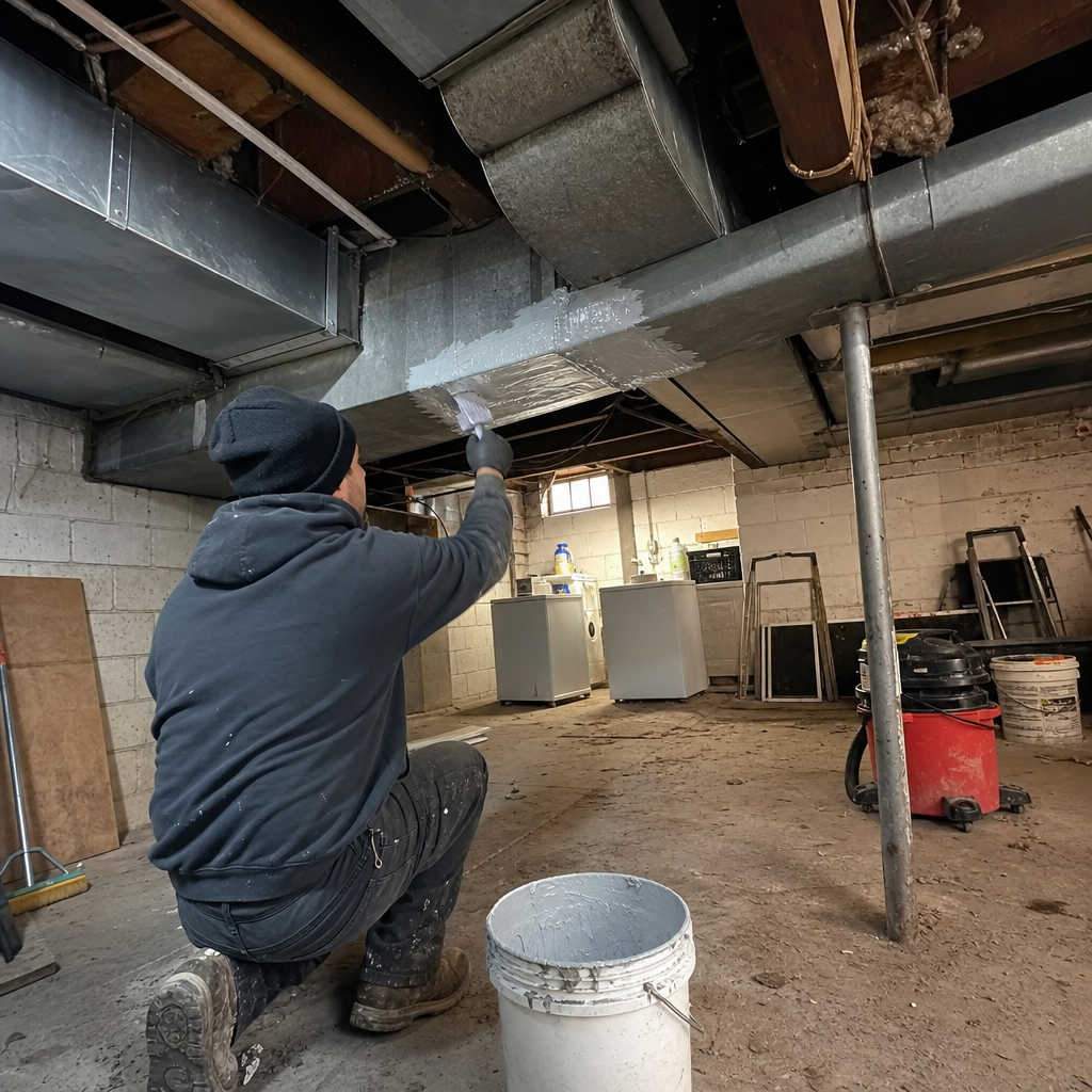 Technician performing professional HVAC air duct repair and sealing in basement in Reading, PA