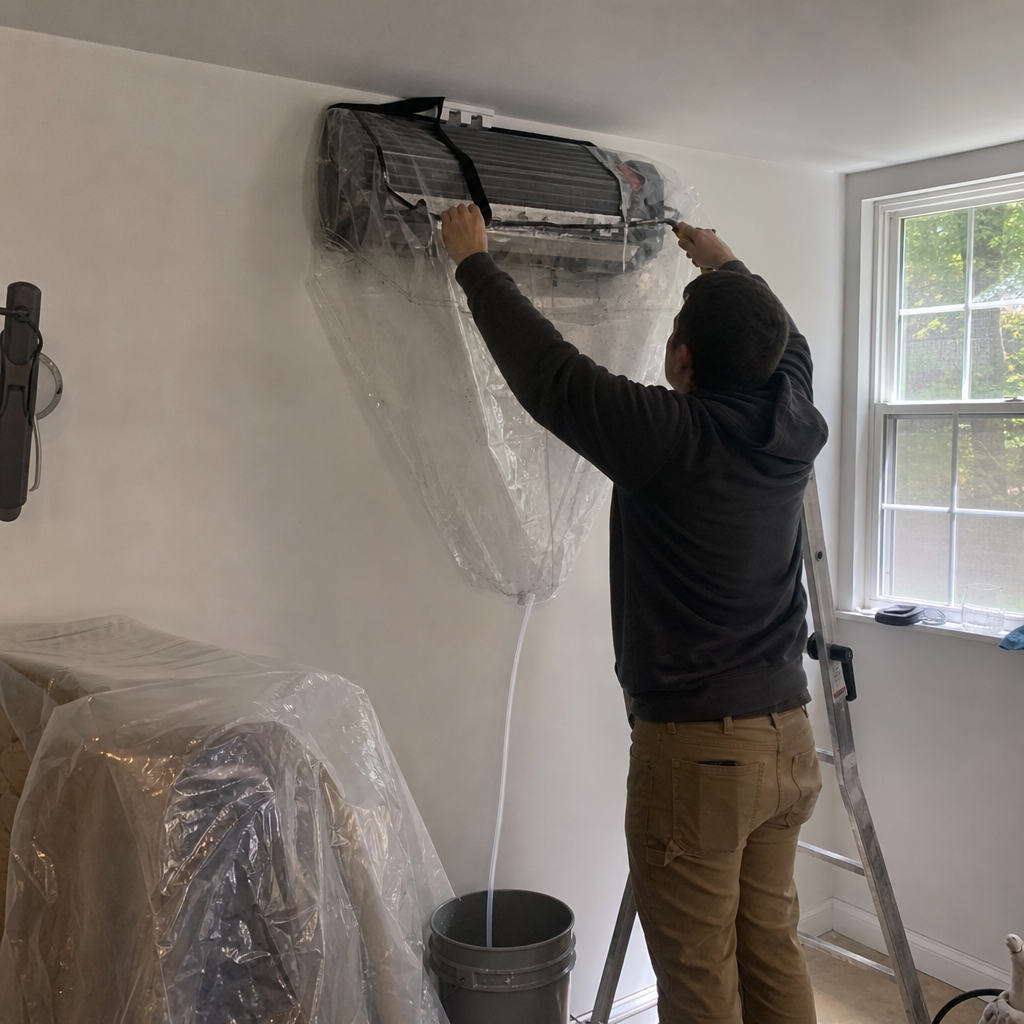 Technician performing professional ductless HVAC unit cleaning and maintenance in Audubon, PA