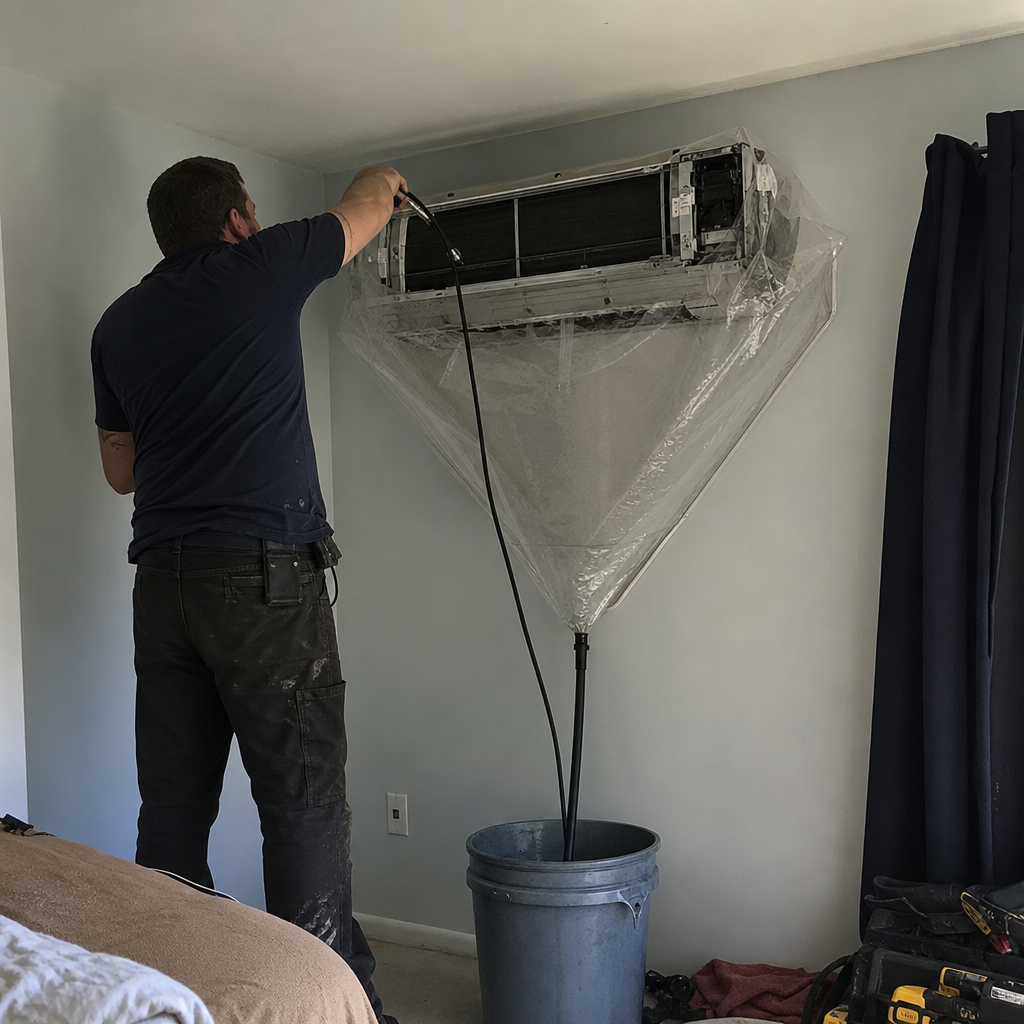 HVAC technician cleaning a wall-mounted mini-split air conditioning unit in Middletown, PA