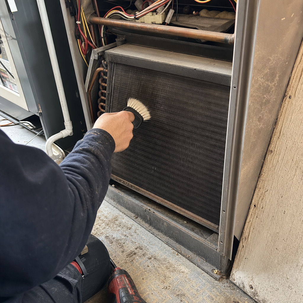 Technician using a brush to clean HVAC air handler coils in Limerick, PA